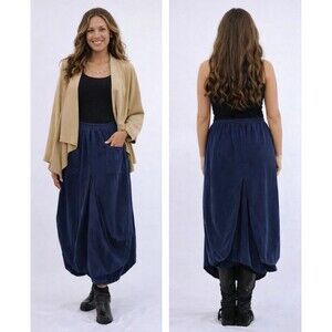 Saga Made In Italy SAVANNAH Bubble puffy Lagenlook Corduroy skirt Boho OS Blue